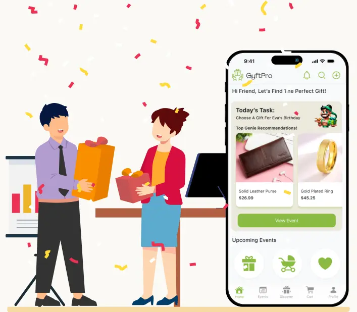 Colleagues exchanging a gift beside the GyftPro app