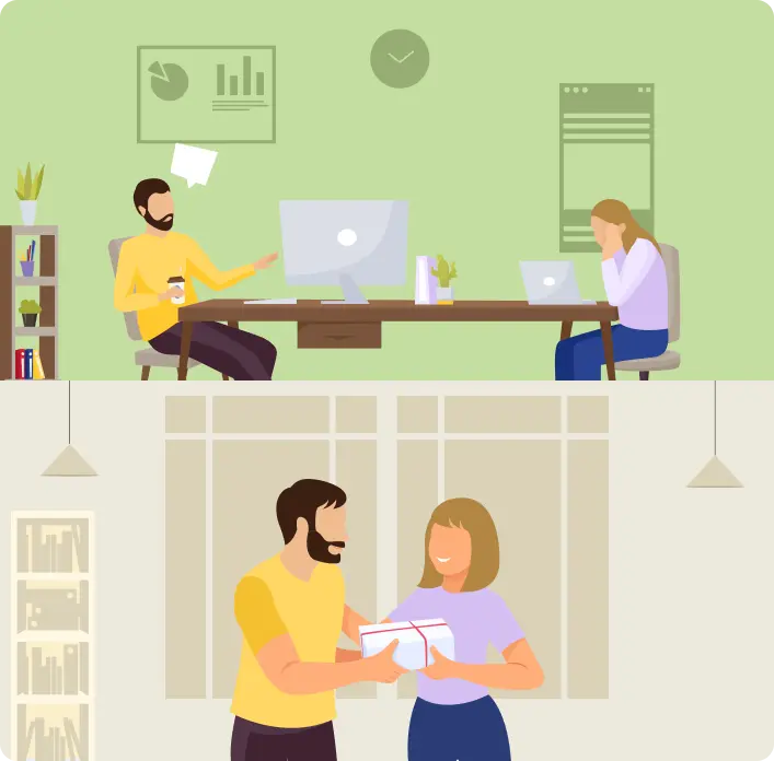 Workplace environment paired with coworkers sharing a gift